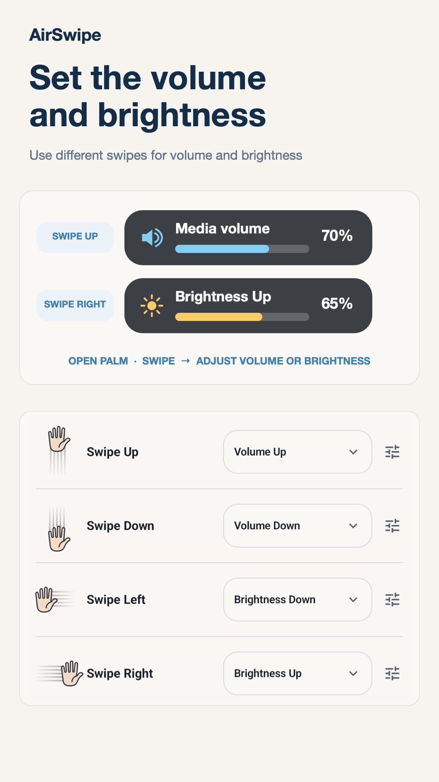Gesten für Lautstärke und Helligkeit