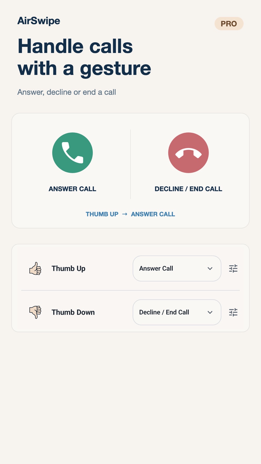 Pro call actions triggered by hand gestures